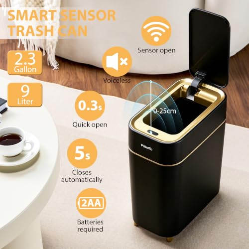Pukomc Motion Sensor Wastebasket,2.3 Gallon Bathroom Trash can with lid | Touchless Smart Plastic Slim Wastebasket,Quiet Close Waste Bin for Bathroom,Office,RV,Bedroom,Living Room - color: Black
