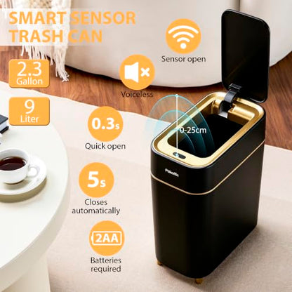 Pukomc Motion Sensor Wastebasket,2.3 Gallon Bathroom Trash can with lid | Touchless Smart Plastic Slim Wastebasket,Quiet Close Waste Bin for Bathroom,Office,RV,Bedroom,Living Room - color: Black
