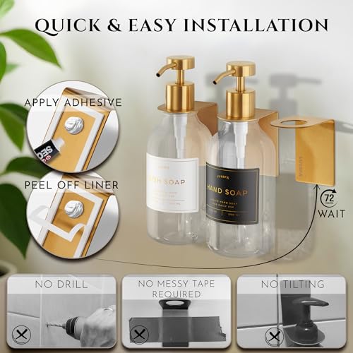 Shower Shampoo Dispenser Wall Mounted – 3 Refillable 16.9 oz Clear Bottles with Stainless Steel Pumps & No-Drill Adhesive Holders – Soap Dispenser Set for Bathroom (3 X Clear/Gold) - color: 3 X Clear/Gold