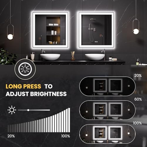 LOAAO 36"X36" LED Bathroom Mirror Black Framed | Anti-Fog, Dimmable, Memory Function, Tempered Glass, Lighted Vanity Mirror for Wall - size: 36"L x 36"W