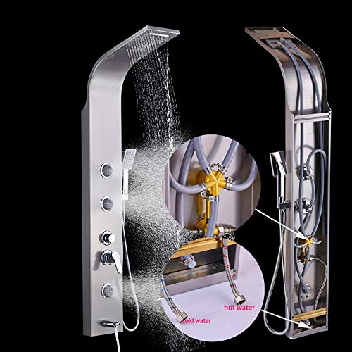 Brushed Nickel Bath Shower Panel Rainfall Waterfall Tower Shower Column with Body SPA Massage Jets Spray Nozzle Tub Faucet Spout