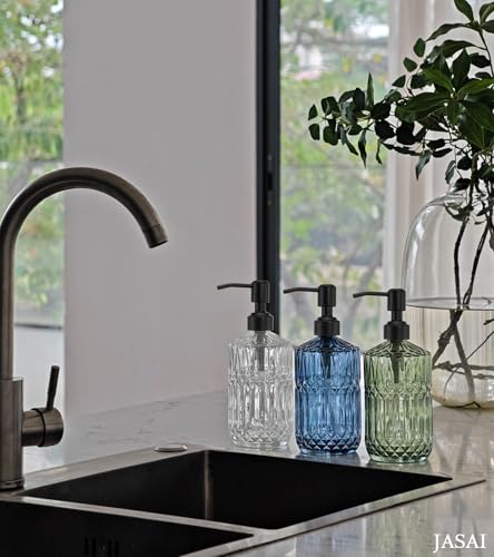 JASAI 18 Oz Blue Soap Dispenser with Black Rust Proof Pump | Refillable Kitchen soap Dispenser with Thick Glass, Soap Dispenser Bathroom for Hand soap, Dish Soap, Lotion, Liquid Soap - color: Green-black Pump, size: 1Pack