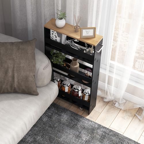 COSTWAY Slim Rolling Storage Cart, 4-Tier Rolling Utility Cart, Wood Kitchen Storage Cart with Handle & Wheels, Narrow Rolling Shelving Unit for Kitchen Bathroom Laundry Small Places (Dark) - color: Dark