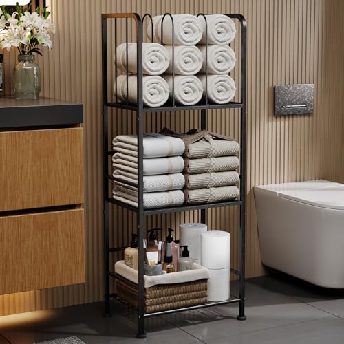 3-Tier Freestanding Towel Racks for Bathroom, Black Towel Rack Stand | Detachable M-shaped Dividers for Bath Towel Storage Premium Iron & Wood Holder Crafted for Bathroom Organization