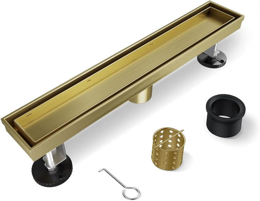 2-in-1 Titanium Gold Linear Shower Drain 18" with Tile Insert Grate | 304 Stainless Steel, Brushed, with Flat & Tile Insert Cover, Leveling Feet, for Bathroom, Kitchen, Remodel Shower, Tile Floor - color: Brushed Titanium Gold, size: 18IN