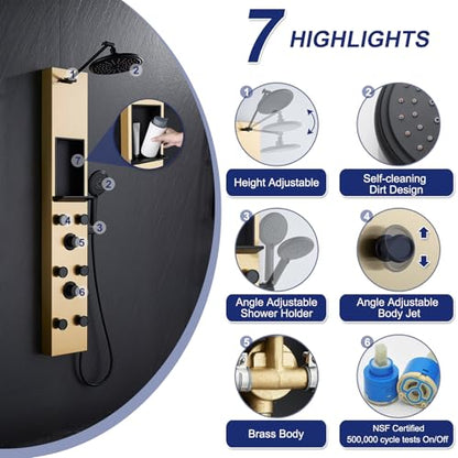 ROVATE Shower Panel Tower with Shelf & Adjustable Shower Arm, Brushed Gold | Stainless Steel Shower Column with 6 Adjustable Body Jets, Self-Cleaning Rainfall Shower Head & Flexible Handheld, Wall Mount - color: Brushed Gold + Black