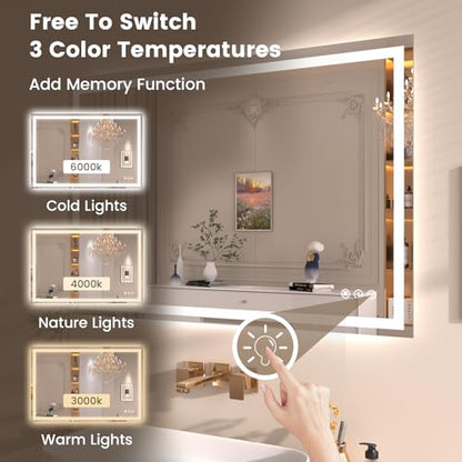 Snowdool 40 x 36 in LED Bathroom Mirror, Front and Backlit, Anti-Fog | Front and Backlit, 3 Color Temperatures, Anti-Fog, Tempered Glass - size: 36"L x 40"W