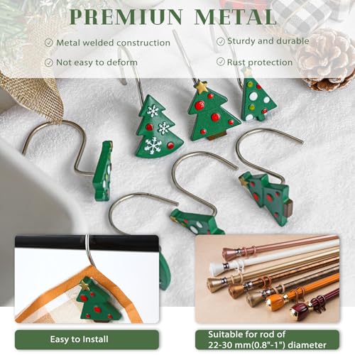 Colingmill 12 Pcs Christmas Tree Shower Curtain Hooks Christmas Tree Shower Curtain Hooks Xmas Bathroom Rust Resistant Decor Rings for Holiday Winter Bathroom Bedroom Farmhouse Decorations - style: Tree