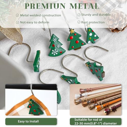 Colingmill 12 Pcs Christmas Tree Shower Curtain Hooks Christmas Tree Shower Curtain Hooks Xmas Bathroom Rust Resistant Decor Rings for Holiday Winter Bathroom Bedroom Farmhouse Decorations - style: Tree