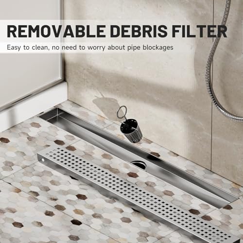 Tile Insert Linear Shower Drain,24 inch with Brick Pattern Grate | Brushed Nickel,Stainless Steel,Easy to clean,Fast Drainage to Avoid Standing Water,Fast Drainage,Prevents Sewer Backflow - color: Brushed Nickel, size: 24 Inch