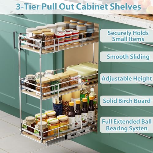Pull Out Spice Rack Cabinet Organizer 9" W x 20½" D, 3 Tier Heavy Duty Slide Out Wood Shelf for Narrow Cabinet, Pull Out Storage for Kitchen - size: 9" W x 20½" D
