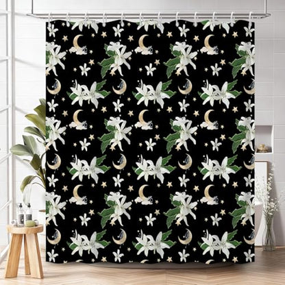 Celestial Floral Shower Curtain 71x74 Inch, Black Boho Moon and Stars Printed Bathroom Shower Curtain with Rust-Proof Hooks, Dark Gothic Style Waterproof Fabric Bath Tub Curtain - color: Floral-q