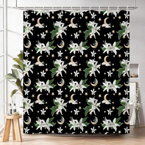 Celestial Floral Shower Curtain 71x74 Inch, Black Boho Moon and Stars Printed Bathroom Shower Curtain with Rust-Proof Hooks, Dark Gothic Style Waterproof Fabric Bath Tub Curtain - color: Floral-q