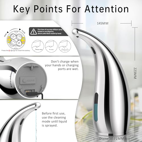 Automatic Soap Dispenser Touchless Rechargeable 10 oz | Magnetic USB Charging, IPX7 Waterproof Sensor Pump with 4 Adjustable Levels for Kitchen Sink & Bathroom Hand Soap - color: Polished Silver
