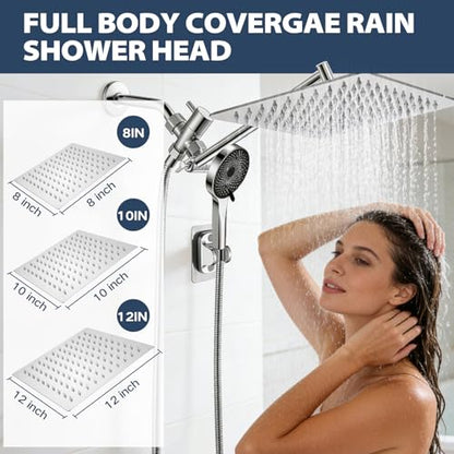 Shower Head, Rain Shower Head with Handheld Spray Combo, 8 Inch Adjustable High Pressure Rainfall Shower Head, Dual Showerhead Set with Extension Arm - color: Sliver, size: 8 Inch
