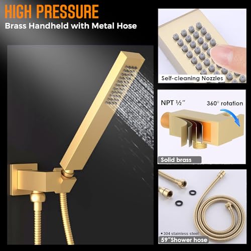 Thermostatic Digital Triple Heads Rain Shower System Can Run Together | Brushed Gold 4-way Thermostatic Digital Shower Faucets Set, 12" + 6" Tilted Shower + 6 Body Sprays with On-off + Handheld - color: Brushed Gold, style: 12” + 6" + 6"