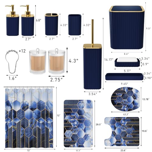 XLHOMO Bathroom Set - 26PC Bathroom Set with Shower Curtain and Rugs, Bathroom Accessory Set, Navy Blue Bathroom Sets, Trash Can & Soap Dispenser - style: Navy Blue&Gold
