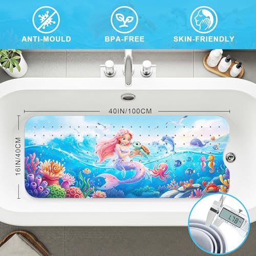 Upgrade Cartoon Baby Bath Mat Non Slip - 40"x16" Extra Long Bathtub Mat for Baby Eco Friendly Durable Bath Mat for Tub Non Slip Kids Tub Mat with Suction Cups, Machine Washable and No Fading, Mermaid - color: F-mermaid-3