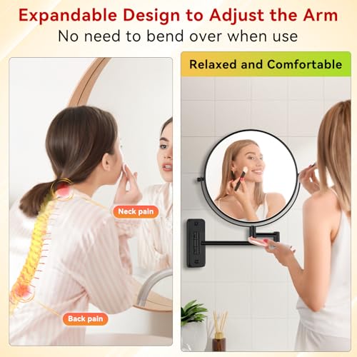 Wall Mounted Magnifying Makeup Mirror, 8 Inch 1X/20X Bathroom Shaving Mirror with Extendable Arm, 360° Swivel Double Sided Wall Mount Mirror for Makeup, Shaving and Grooming, Black