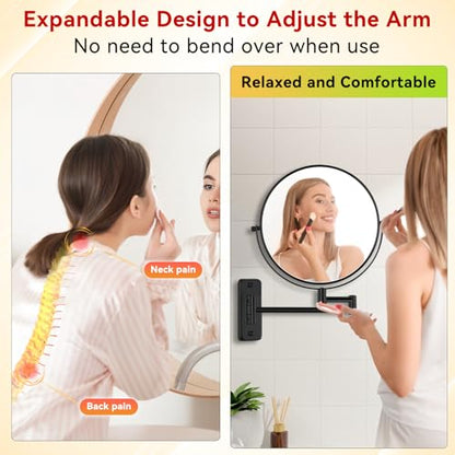 Wall Mounted Magnifying Makeup Mirror, 8 Inch 1X/20X Bathroom Shaving Mirror with Extendable Arm, 360° Swivel Double Sided Wall Mount Mirror for Makeup, Shaving and Grooming, Black