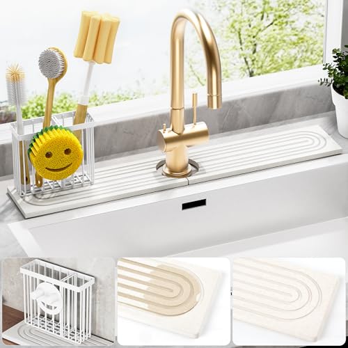Cisily White Diatomite Faucet Mat for Kitchen Sink Protectors with Dish Brush Holder-Absorbent Drying Counter Stone Water Splash Guard Area, Behind Kitchen Sink Caddy Organizers Accessories Organizer - color: White