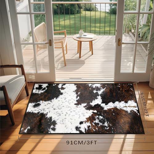 Western Cowhide Print Entryway Rug 2x3 Farmhouse Thin Door Mat Non Slip Washable Fur Area Rug Floor Mat for Entrance Indoor Outdoor - size: 2' x 3' (Rectangular)