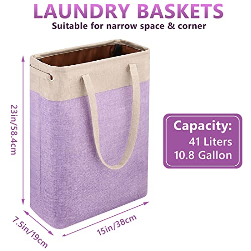 Laundry Basket with Handles Beige&Purple Slim Laundry Bin Collapsible Dirty Clothes Basket Narrow Laundry Bag Foldable Dirty Hamper for Camping, Dorms, Apartments - color: Beige&Purple