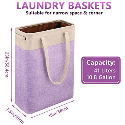Laundry Basket with Handles Beige&Purple Slim Laundry Bin Collapsible Dirty Clothes Basket Narrow Laundry Bag Foldable Dirty Hamper for Camping, Dorms, Apartments - color: Beige&Purple