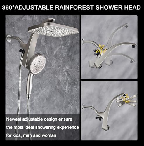12" High Pressue Rain Shower Head with Handheld, 9 Sprays Hand Showerhead | Shower Heads with Handheld Spray Combo, Dual Head, Built-in Magnetic Docking, Power Jets, 59" Shower Hose, Nickel 1.75GPM - color: Nickel