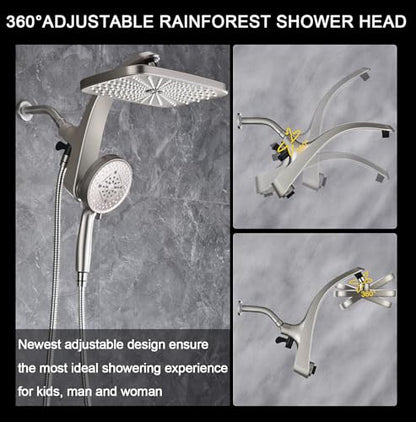 12" High Pressue Rain Shower Head with Handheld, 9 Sprays Hand Showerhead | Shower Heads with Handheld Spray Combo, Dual Head, Built-in Magnetic Docking, Power Jets, 59" Shower Hose, Nickel 1.8GPM - color: Nickel