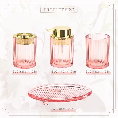 CERBIOR Bathroom Accessories Set, 4 PCS Glass Bathroom Set,Golden Pink | Includes Soap Dispenser, Toothbrush Holder, Toothbrush Cup, Soap Dish for Decorative Countertop and Housewarming Gift - style: Grey Pink
