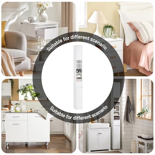 SoBuy Tall Narrow Storage Cabinet, Skinny Bathroom Cabinet with Adjustable Shelves Slender, Anti-Tipping Floor Standing Cupboard, Pinstripe White BZR160-W | BZR160-W Bathroom Cabinet with Doors, Drawer and Adjustable Shelves, Standing Bathroom Shelf, Whit