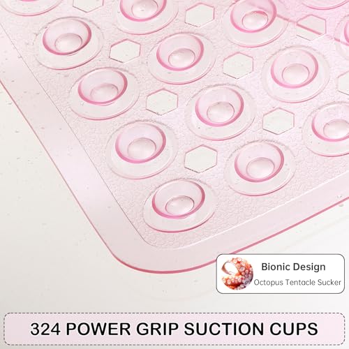 Non-Slip Bathtub and Shower Mats, Power Grip Bath Mat 35 x 16.3 Inch with Suction Cups and Drain Holes for Tub Bathroom Floor Safety, Machine Washable Soft Bathmat, Clear Pink - color: Clear Pink