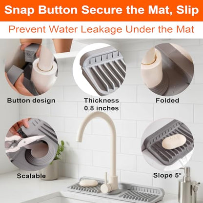 Faucet Mat for Kitchen Sink, Silicone Sink Splash Guard with 1 Crevice Cleaning Brush and 100 Kitchen Sink Strainer Mesh Bags,7°Slope Fast Self-draining, Fast Drying Tidy Faucet Mat Splash Guard,Gray