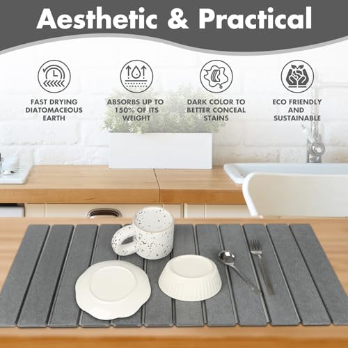 Extra Large Stone Dish Drying Mat for Kitchen Counter, 28"×16" Eco-friendly,Instant Drying Pad,Diatomaceous Earth Water Absorbing Mat, Foldable and Super Absorbent Dish Drying Stone Mat, Dark Gray - color: Dark Gray