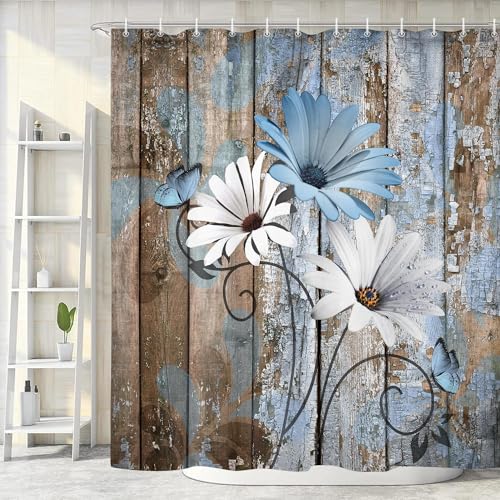 JAWO Farmhouse Flower Floral Shower Curtain, Rustic Blue Daisy Shower Curtain Set, Country Blue Wild Garden Plant Fabric Shower Curtain with Hooks, Brown Wooden Board Bathroom Curtain, 69x70inch - color: Daisy-blue, size: 69"W x 70"L (Pack of 1)