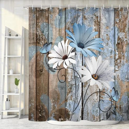 JAWO Farmhouse Flower Floral Shower Curtain, Rustic Blue Daisy Shower Curtain Set, Country Blue Wild Garden Plant Fabric Shower Curtain with Hooks, Brown Wooden Board Bathroom Curtain, 69x75inch - color: Daisy-blue, size: 69"W x 75"L (Pack of 1)