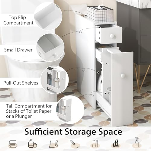 Tangkula Slim Storage Cabinet, Free Standing, with Slide Out Drawers, Narrow Floor Bathroom Organizer Next to Toilet, Toilet Paper Holder, 19 x 6.5 x 23 Inches (White) - color: White
