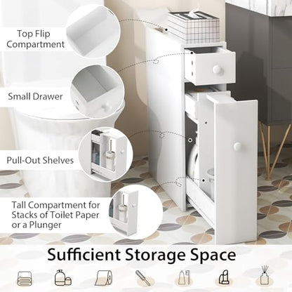Tangkula Slim Storage Cabinet, Free Standing, with Slide Out Drawers, Narrow Floor Bathroom Organizer Next to Toilet, Toilet Paper Holder, 19 x 6.5 x 23 Inches (White) - color: White