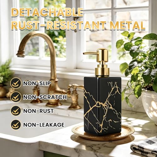 Black Ceramic Soap Dispenser with Gold Stripes, Refillable Hand Soap Dispenser for Bathroom Countertop & Kitchen Sink, Modern Square Lotion Pump Bottle for Dish Soap, Hand Soap & Lotion, 10oz - color: Black Gold