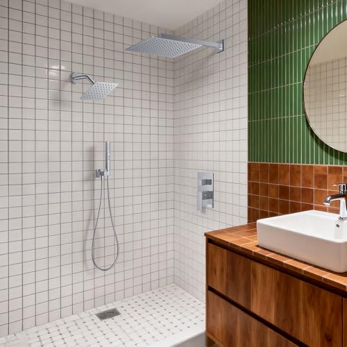 Rain Shower System 12" & 6" Dual Shower Heads, Wall Mount Shower Faucet Set | Ideal for bathroom remodels and upgrades with 12" rain shower, 6" angled shower, handheld spray and complete valve kit. - color: Polished Chrome, size: Wall Mounted - 12"+6" Sho
