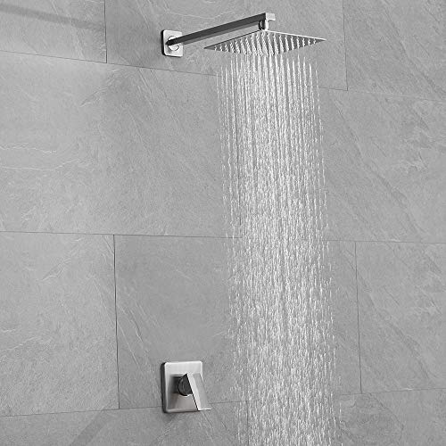 Shower Faucet Set Brushed Nickel, Single Function Shower Trim Kit with Rough-in Valve, Square Rain Shower Head System Included Extra Long Shower Arm for Bathroom - color: Brushed Nickel, style: Shower Faucet