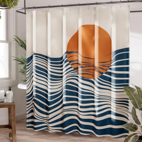 AmazerBath Boho Shower Curtain, 72x72 Washable Cloth Navy Sea and Sunset Shower Curtain with 12 Hooks, Fabric Rustic Shower Curtain Set, Farmhouse Modern Tan Shower Curtains for Bathroom Camper RV - color: B- Art Sunset+12 Metal Hooks, size: 72"W x 72"L (
