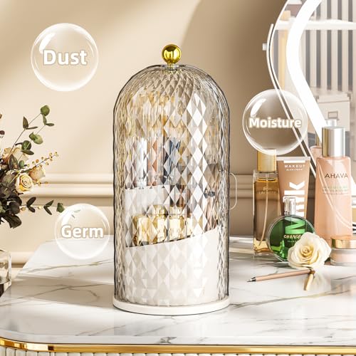 Dustproof Toothbrush Holder with Lid, 360 Rotating Countertop Electric Toothbrush Toothpaste Holders with Cover for Bathroom, 3 Slots Makeup Brush Holder with Lid for Vanity, Clear - color: Dia White