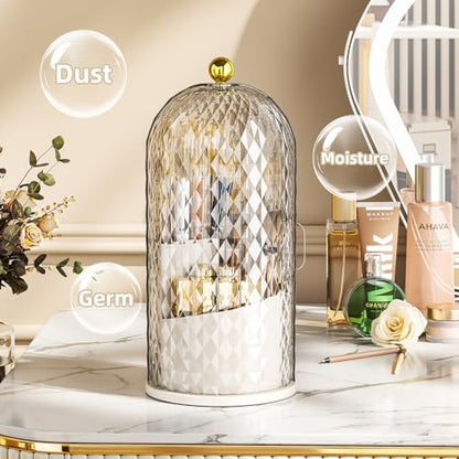 Dustproof Toothbrush Holder with Lid, 360 Rotating Countertop Electric Toothbrush Toothpaste Holders with Cover for Bathroom, 3 Slots Makeup Brush Holder with Lid for Vanity, Clear - color: Dia White