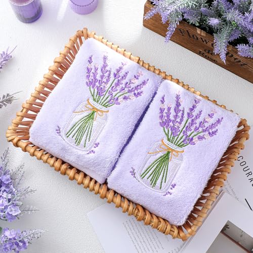 SmoothNovelty 2 Pcs Lavender Hand Towels Purple Bathroom Decor 14x29 Inch Embroidered 100% Cotton Soft Absorbent Spring Summer Decorative Hand Towels for Bathroom Kitchen - style: Lavender