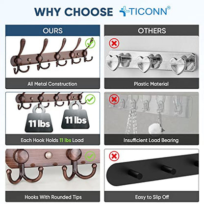 TICONN Wall Mounted Coat Rack, Five Heavy Duty Tri Hooks All Metal Construction for Jacket Coat Hat in Mudroom Entryway (Antique Bronze, 2-Pack) - color: Antique Bronze