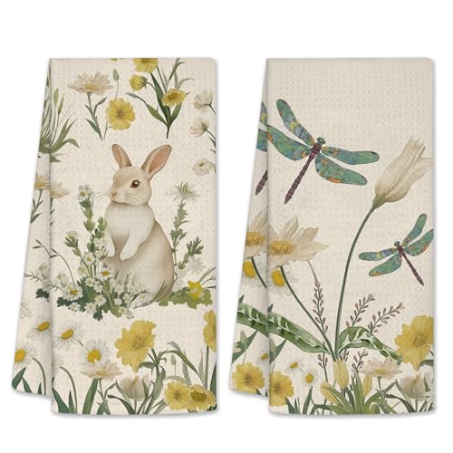Dragonfly Kitchen Towels, Dragonfly Gifts for Women, Dragonflies Hand Towels for Bathroom, Dragonflies Decor, Waffle Dish Towels for Home Decor Christmas Thanksgiving Day 26x17 inch, 2 Pack - color: Rabbit