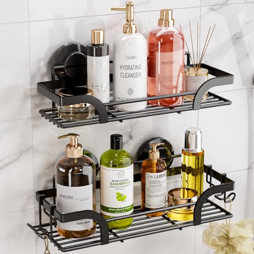 Shower Caddy Suction Cup, 2 Pack Shower Shelves for Inside, Black | Metal Bathroom Storage, NO-Drilling Bathroom Organizer, Heavy Duty Shower Basket - color: 2 X Black Basket