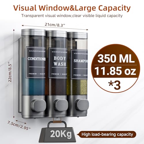 Shampoo and Conditioner Dispenser,Shower Soap Dispenser 3 Chamber No Drill Wall-Mounted for Bathroom & Hotel Leak-Proof Pumps, for Thick Liquids Like Conditioner - 1050ML High Capacity, Gun Gray - color: Gun Gray